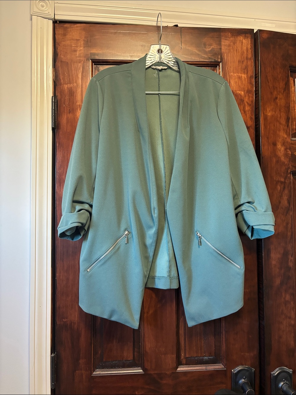 Maurices Sage Green Open-Front Blazer with Zip Pockets